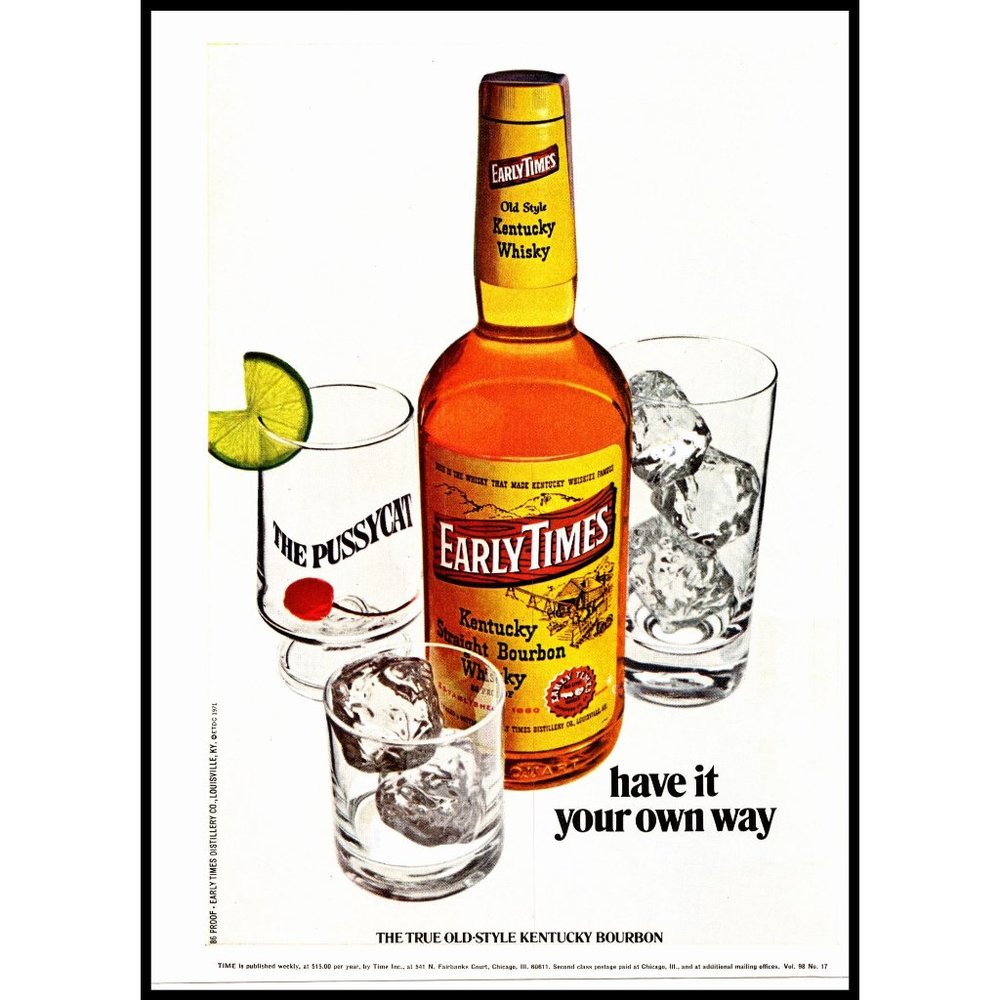 1971 Early Times Kentucky Bourbon Vintage Print Ad The Pussycat Bar Wall Art